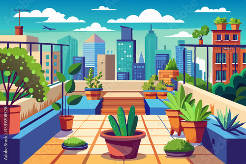 A cartoon vector illustration of a vibrant city street with diverse buildings, trees, and an urban landscape under a clear sky