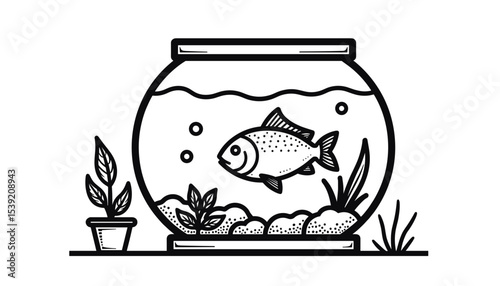 Fishbowl illustration featuring a fish and aquatic plants on a white background