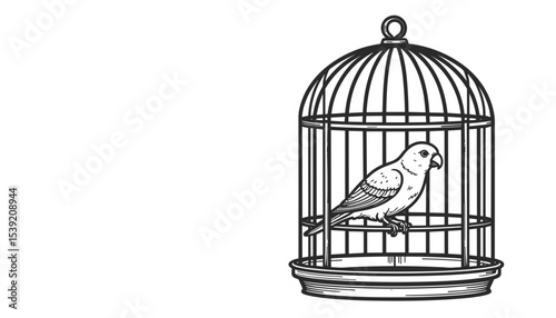 A detailed illustration of a birdcage with a perched parrot in a classic line art style