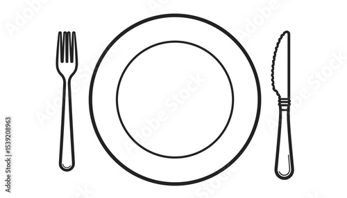 A minimalist line art depiction of a plate, fork, and knife