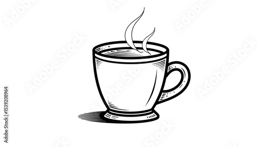 A steaming cup of coffee illustration in a classic line art style