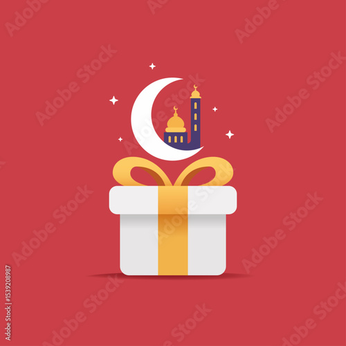 A stylized flat color gift box opening to reveal an Eid crescent with mosque instead of a typical present.