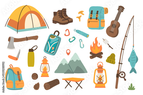 Camping and hiking simple set. Hand drawn elements of outdoor adventure: tent, backpack, fire, fishing gear, boots, lantern, tools, and mountain scenery. Perfect for travel and camping designs