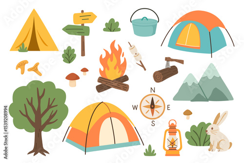 Vector illustration of camping and hiking elements including tents, campfire, trees, compass, lantern, mountains, and forest animals. Perfect for outdoor, travel, and adventure themes