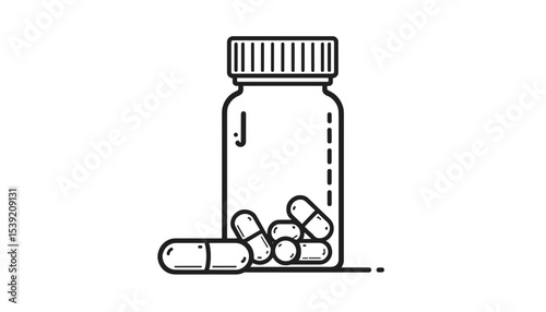An illustration of a prescription bottle with capsules in a clean line art style