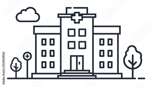 A hospital building illustration with minimalistic design and nature elements