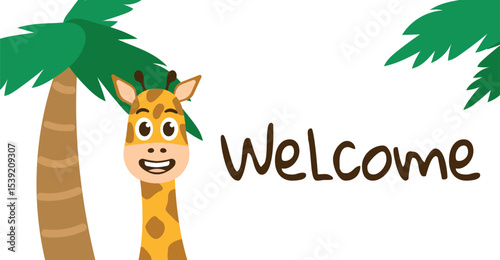 Smiling giraffe welcomes you under palm trees. Exotic spotted animal in jungle for kids, posters, invitations. Cartoon for zoo, children room. Cheerful, bright banner. Flat design. Vector illustration