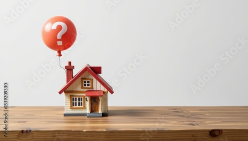House Model with Red Balloon Question Mark on Wooden Table Surface