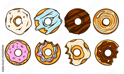 Large set of donuts with colorful glaze, sprinkles, chocolate. Flat cartoon style pastries. Vector elements for menu, cafe branding, promo banners, or food packaging design.