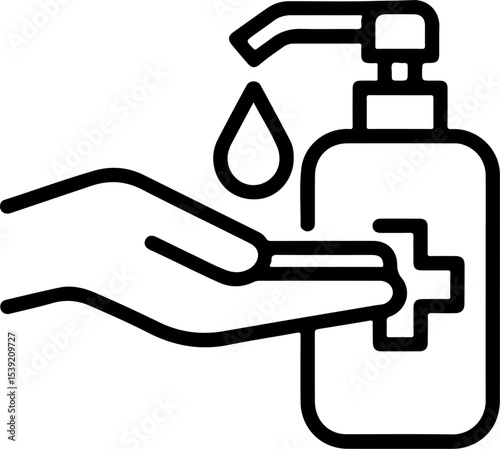Hand receiving liquid soap from pump dispenser bottle black and white line art icon