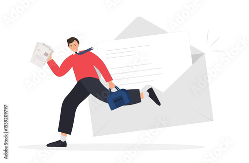 Person getting e-mail with documents, hurry up with information, communication concept, flat vector illustration