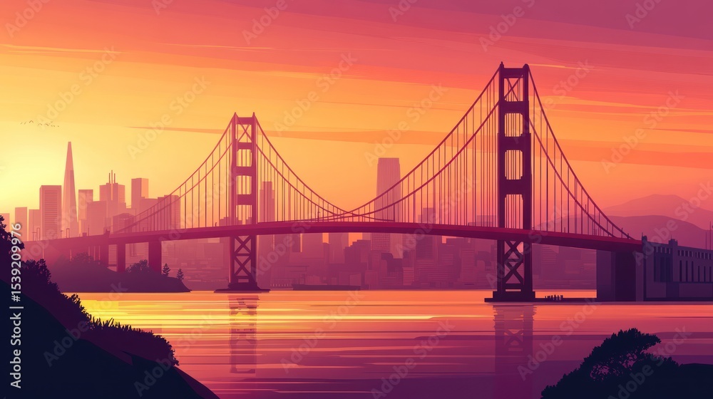 Fototapeta premium Golden Gate Bridge at sunset over city skyline (1)