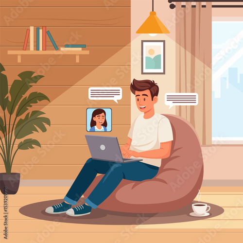Remote Work from Home Illustration – Man Video Calling on Laptop in Cozy Room