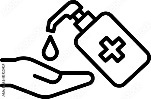 Hand receiving sanitizer from pump bottle dispenser plus symbol hygiene healthcare cleanliness antibacterial
