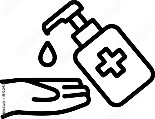 Hand sanitizer bottle dispensing liquid onto a hand black and white line art illustration medical hygiene