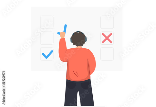 Person filing control list, questionaries, checklist with positive or negative marks, to do list or agreement, education concept, filling questionary concept, flat vector illustration