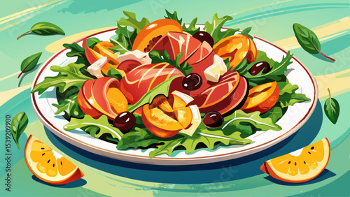 A refreshing peach and prosciutto salad with mixed greens, goat cheese, and a balsamic glaze Very beautiful