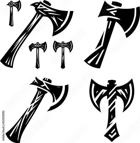 set of black and white vector of a minimalist axe with bold silhouette, clean for game asset, logo or tattoo.