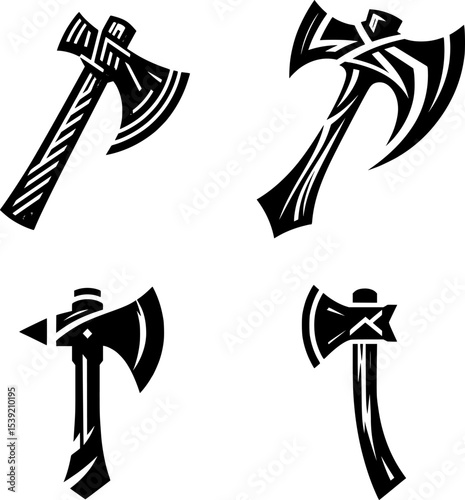 set of black and white vector of a minimalist axe with bold silhouette, clean for game asset, logo or tattoo.