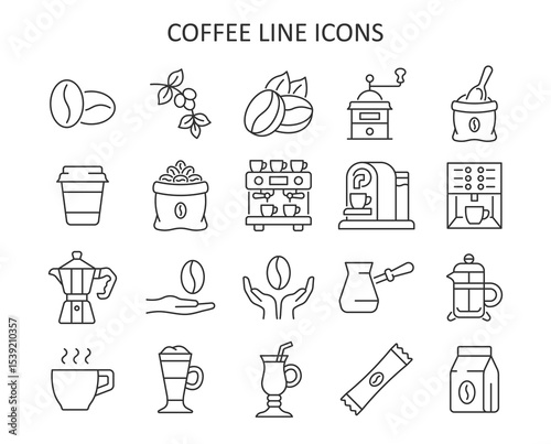 Coffee line icon set. Vector collection with beans, grinder, beans bag, turkish cezve, coffee machine, latte, cappuccino, coffee maker, cup.