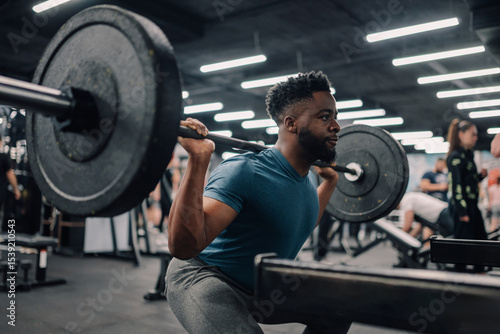 Determined athlete performing squats with heavy barbell in gym