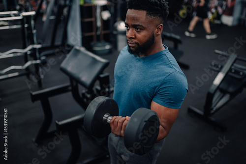 Determined male athlete lifting dumbbell, concentrating on bicep curl exercise in gym