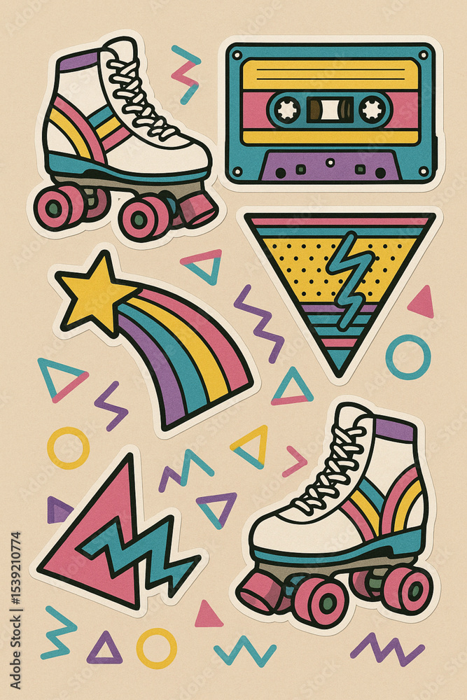 Fototapeta premium This Image Showcases A Collection Of Retro-Styled Stickers Reminiscent Of The 1980s, Including Roller Skates, A Cassette Tape, A Shooting Star, And Various Geometric Shapes In Vibrant Colors.