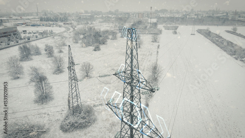 Obraz na płótnie Pylon energy distribution tower in a snowstorm with a 3D graphic of current flow, showing electricity stability in harsh weather