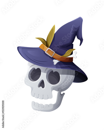 Cartoon skull wearing a purple witch hat with yellow leaves and a bone detail. Fun Halloween vector illustration on white background