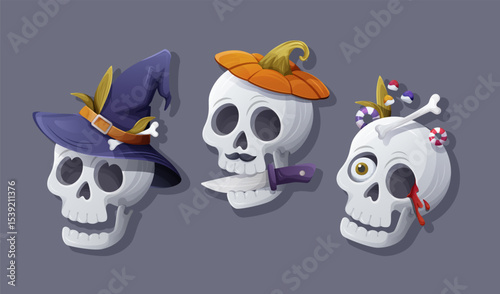 Vector illustration of three Halloween skulls with spooky accessories: witch hat, pumpkin, knife, candy. Cartoon style on gray background. Perfect for creepy and fun seasonal designs
