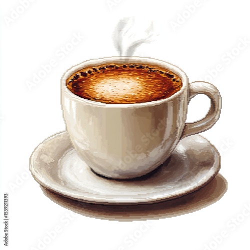 A pixel art illustration displays a steaming, hot coffee cup sitting on a saucer. The retro 8-bit style design has a clear white background, ideal for an icon