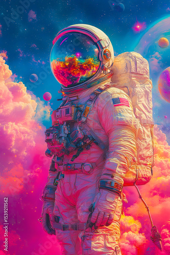 A spacewalker in a white suit floats among swirling pink clouds and rainbow colored planets. Their helmet reflects a vibrant nebula of orange and red gases. Retro science fiction style