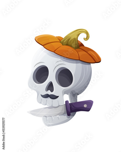 Funny skull with pumpkin hat, black mustache and a knife in the mouth. Halloween themed vector illustration on white background