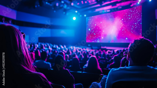 Presentation Concept: Large audience watching a presentation on a screen in a modern auditorium with pink and blue lighting