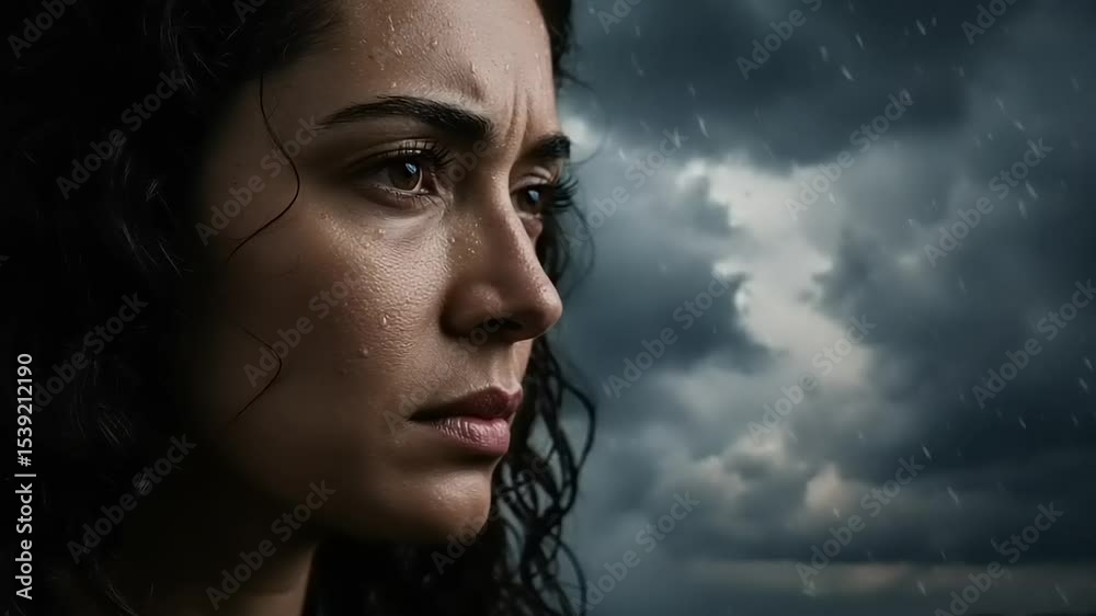 Emotional woman's portrait with rain and storm clouds creating a somber atmosphere