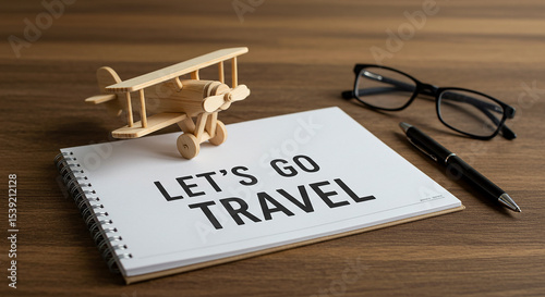Wooden airplane on notebook with let's go travel text, glasses, and pen on a wooden surface