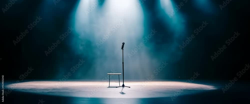 A microphone stand is on a stage with a microphone. The stage is dark and empty