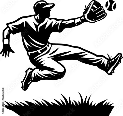 Baseball Player's Leap: A silhouette of a baseball player in mid-air, showcasing athletic prowess as he reaches for a baseball, set against a crisp background that draws focus to the action