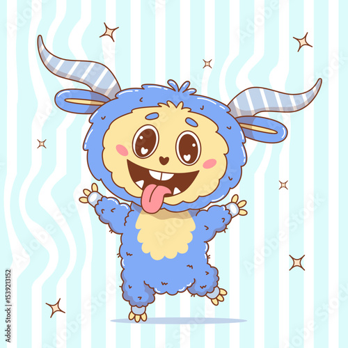Cute Funny Monster with smile and tongue out. Cool kawaii horned Character on Groovy Distorted Stripe Background. Vector illustration. Kids collection for sticker, mascot and design