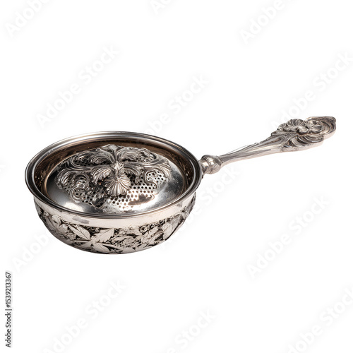 A 19th-century silver-plated tea strainer with a floral design, isolated on a white background, captured in stunning 3D to showcase the intricate metalwork and vintage elegance.