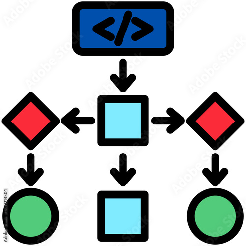Algorithm Flow mini illustration outline color icon, use for machine learning, education, technology industry, UI, UX kit, app and web development, digital or print.