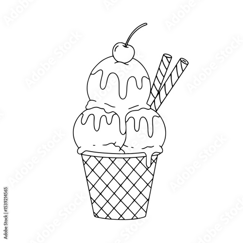 Ice cream sundae with cherry and wafer sticks in minimalist design  