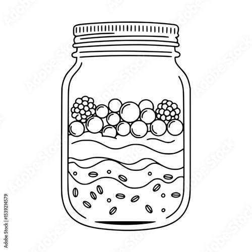 Overnight oats with mixed berries in a glass jar outline design  