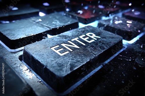 Close-up of a dark textured keyboard enter key with blue edge lighting, appearing wet or frosty, surrounded by damp keys