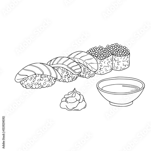 Sushi platter with assorted rolls, wasabi, and soy sauce in minimalistic design  