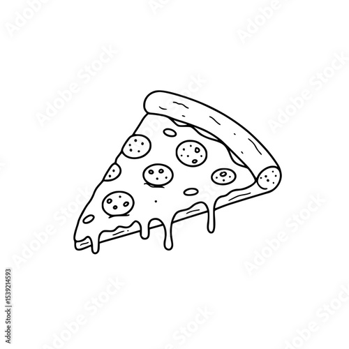 Pizza slice with melting cheese and toppings in black and white design  
