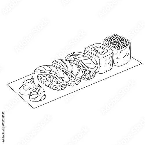 Sushi platter in minimalistic black and white line icon design  