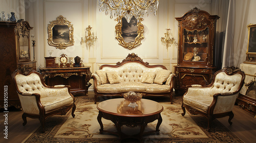 Elegant living room interior featuring ornate antique furniture and decorative accents