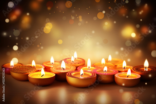 Glowing candles with beautiful flames and bokeh effect celebrating religious festival and deepavali.