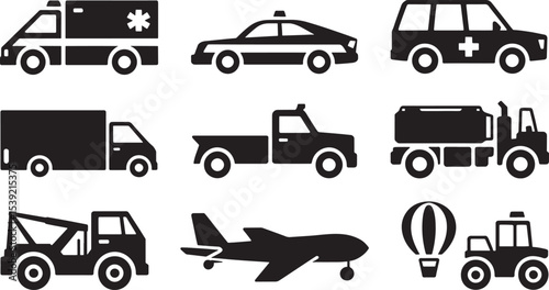 Black Silhouette Icons Set Transportation Vehicles Airplane Hot Air Balloon